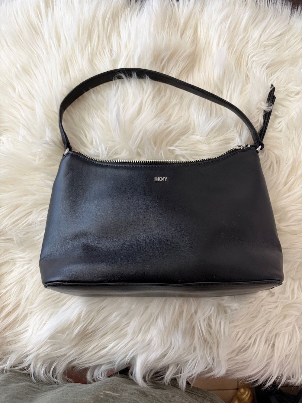 DKNY Black Leather Shoulder Bag with Silver Hardware